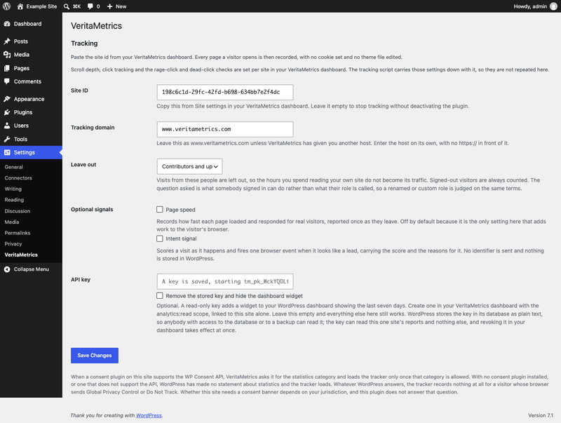 The VeritaMetrics settings screen in wp-admin, showing the site id field, the tracking domain, which signed-in roles to exclude, and the optional signals.